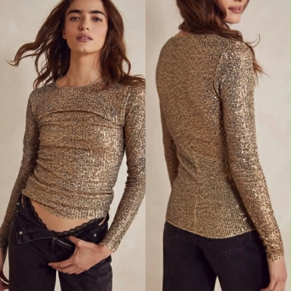Free People Intimately All Over Sequin Gold Rush Whimsy Stargirl Romantic Top S - Picture 7 of 12